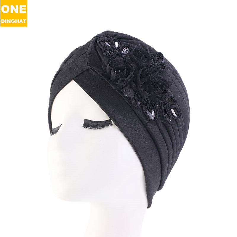 women's sequin flower hijab cap pleated indian hat solid color hat ethnic hat TJM-24X