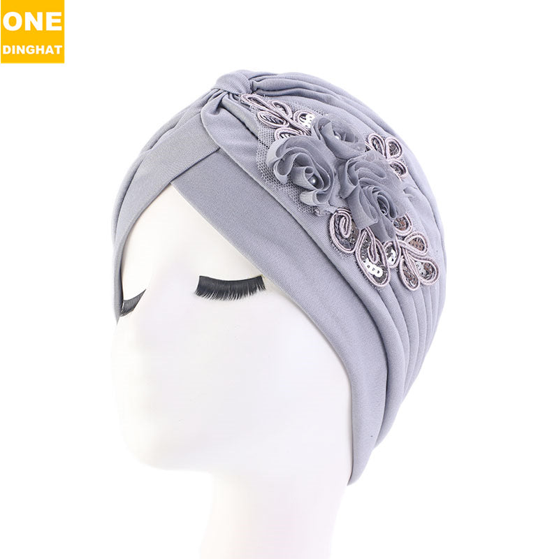 women's sequin flower hijab cap pleated indian hat solid color hat ethnic hat TJM-24X