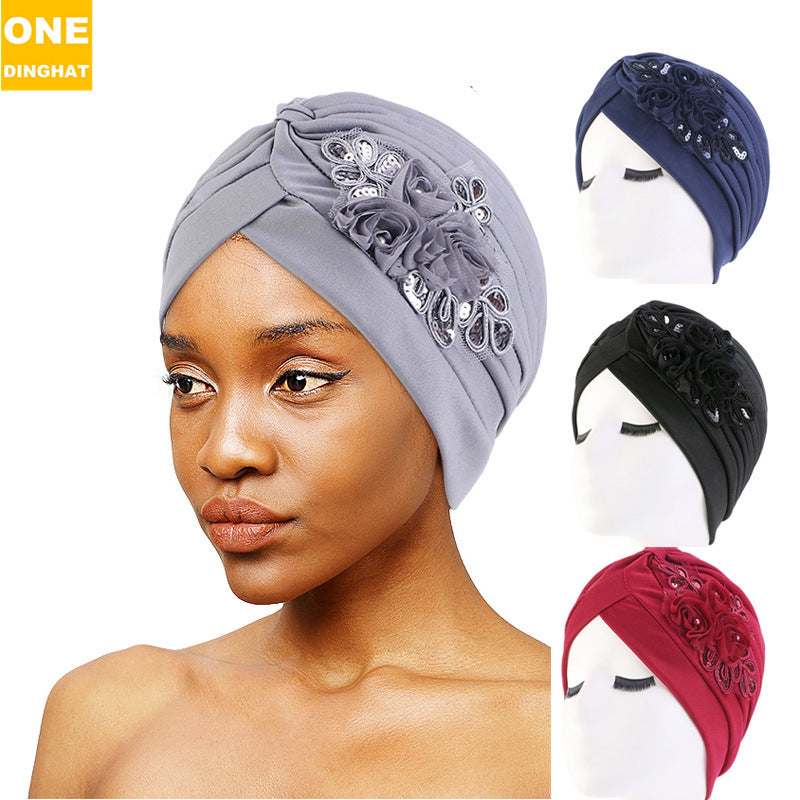 women's sequin flower hijab cap pleated indian hat solid color hat ethnic hat TJM-24X