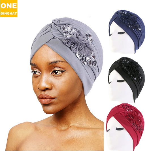 women's sequin flower hijab cap pleated indian hat solid color hat ethnic hat TJM-24X