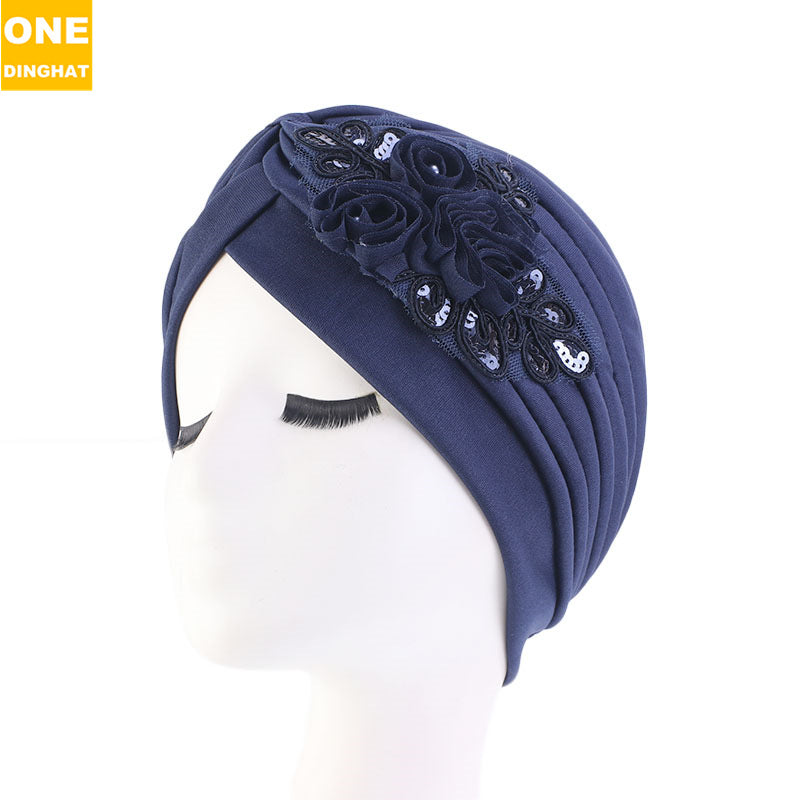 women's sequin flower hijab cap pleated indian hat solid color hat ethnic hat TJM-24X