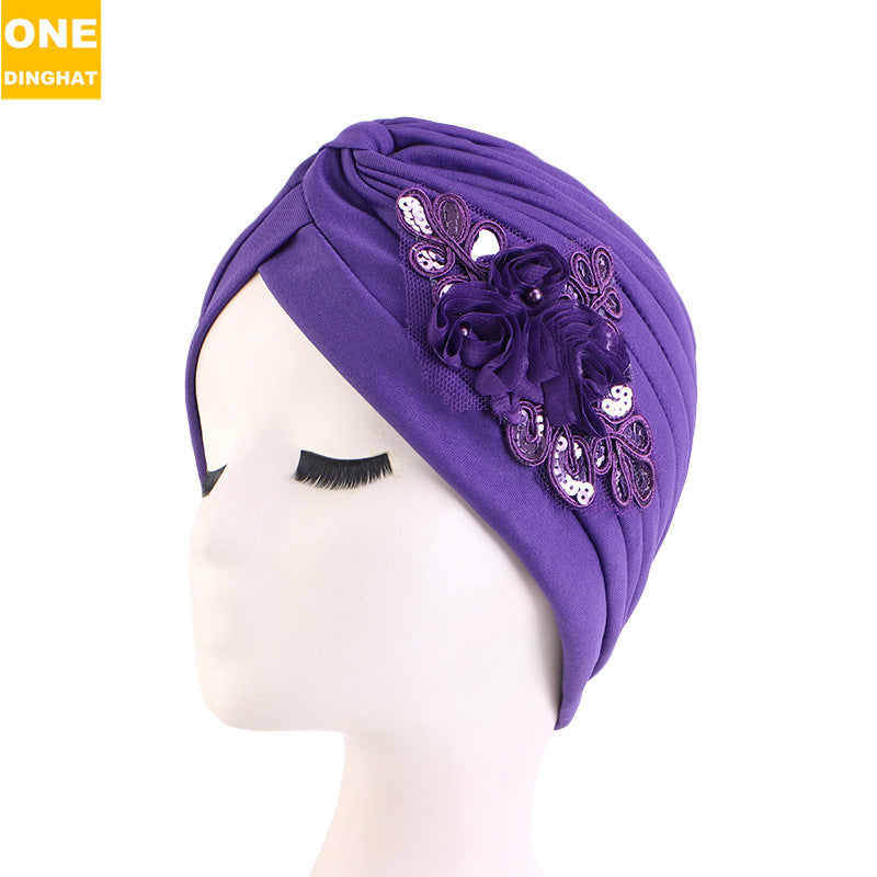 women's sequin flower hijab cap pleated indian hat solid color hat ethnic hat TJM-24X