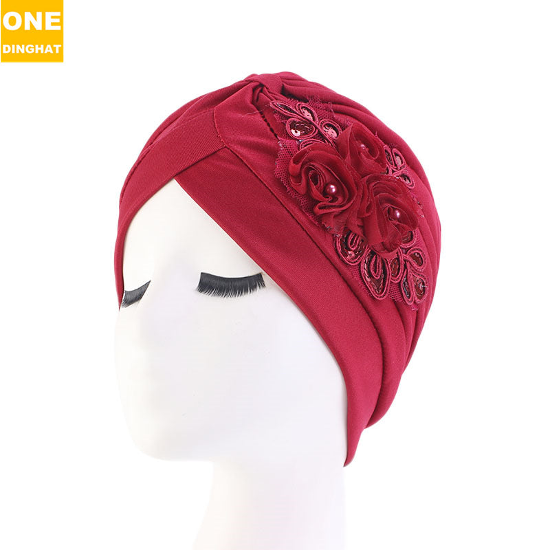 women's sequin flower hijab cap pleated indian hat solid color hat ethnic hat TJM-24X
